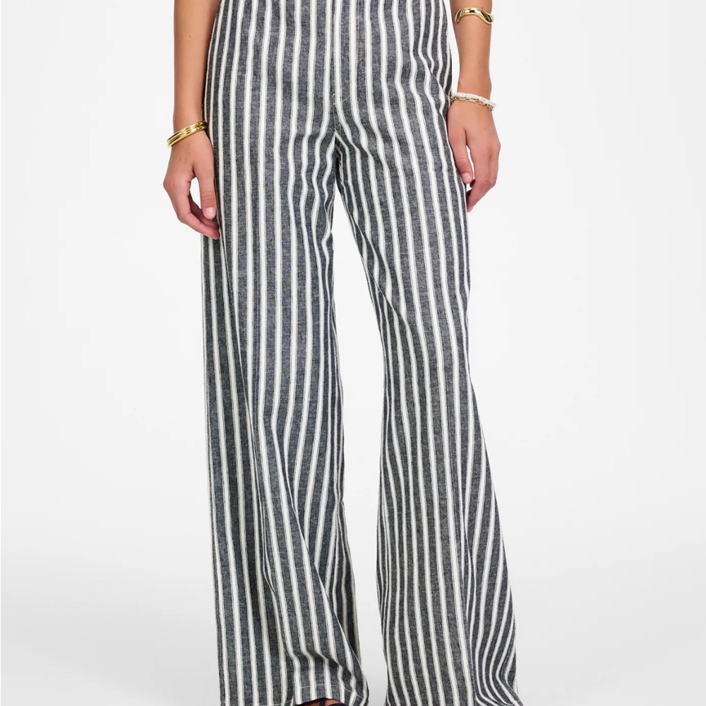 NEW Madewell The Petite Zoe Relaxed Wide Leg Linen Cotton Blend Navy White Strip